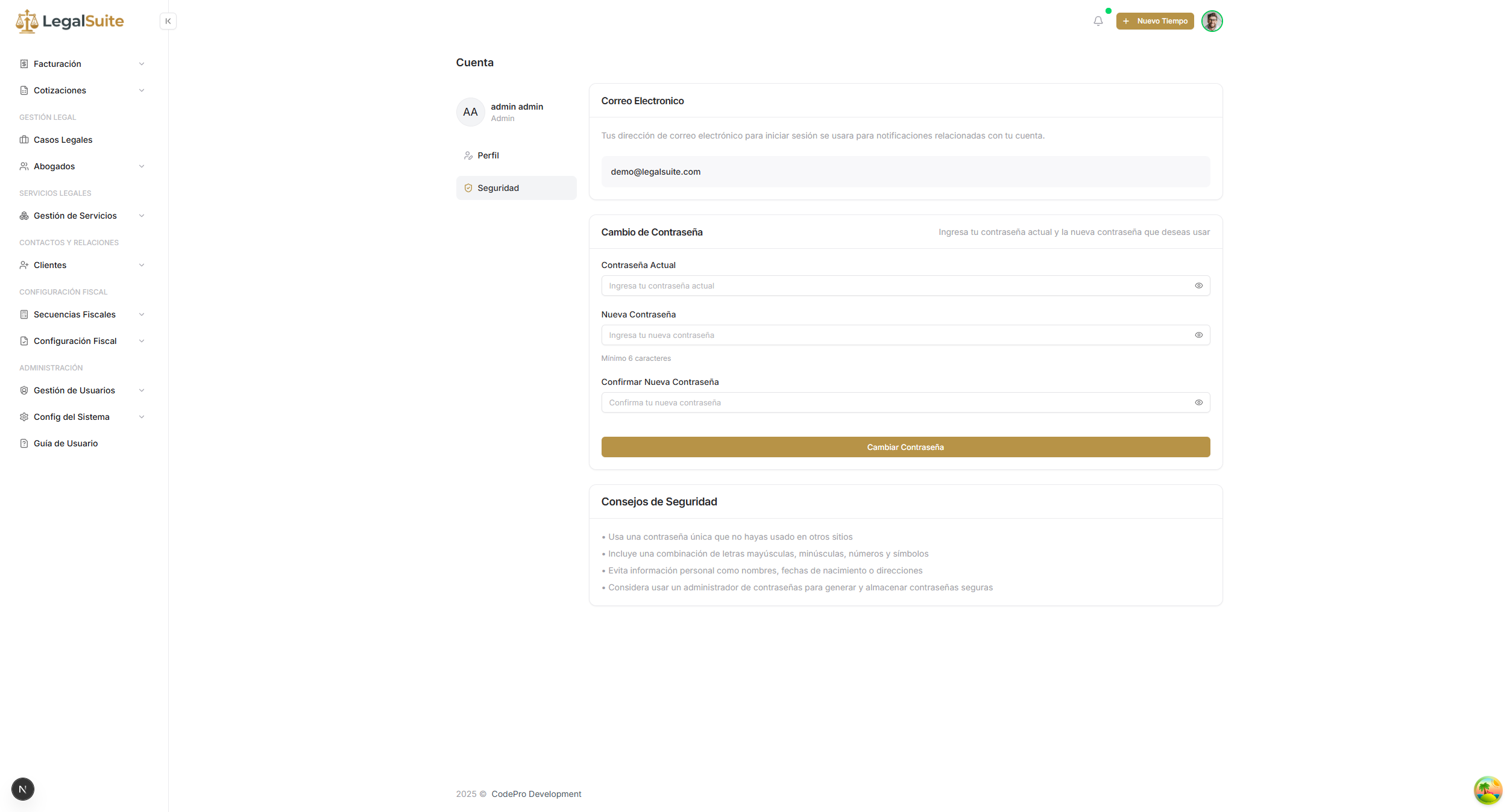 Pantalla de cambio de contraseña