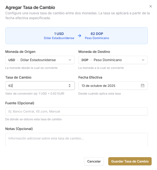 Pantalla de creación de tasa de cambio