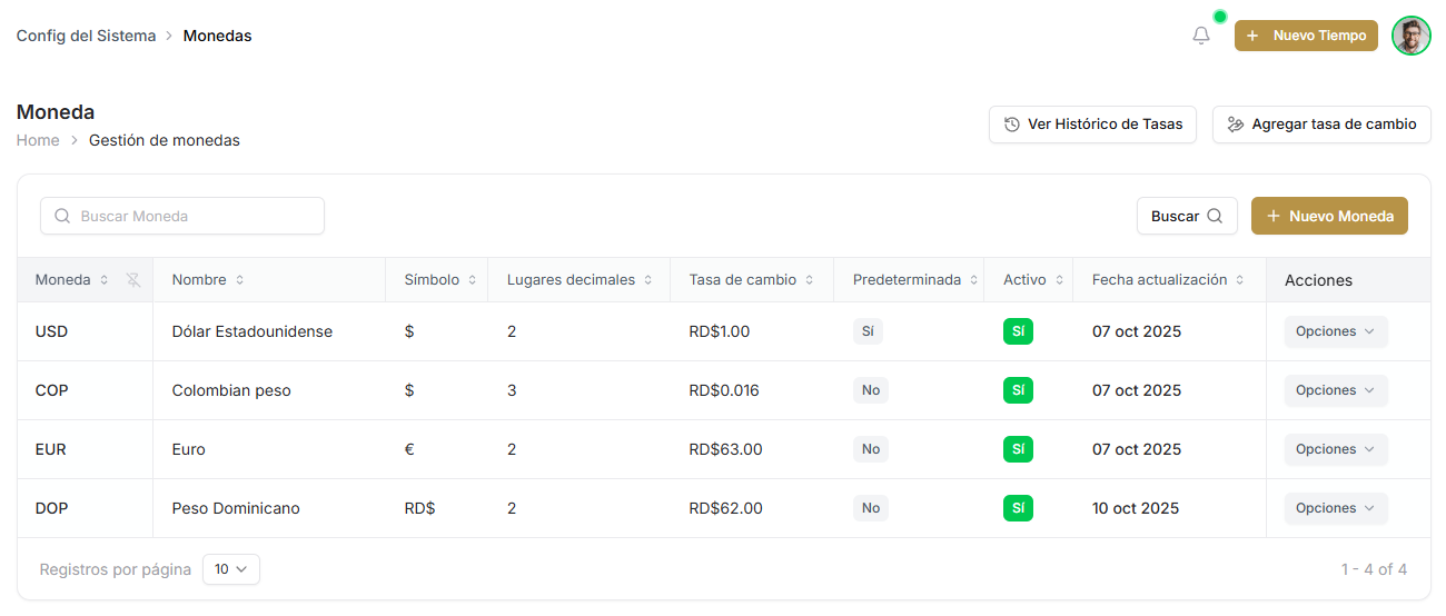 Pantalla de gestión de monedas