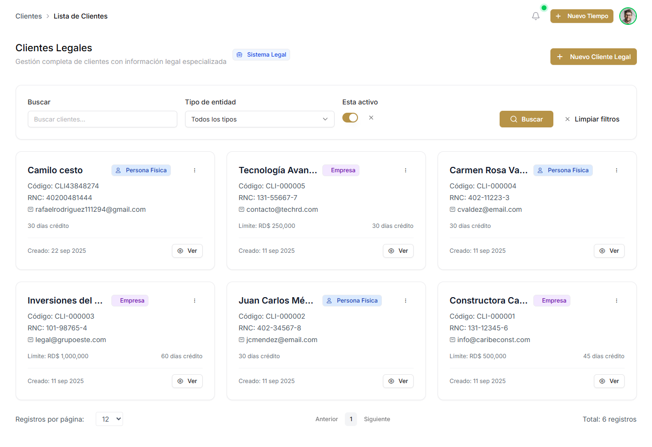 Pantalla de lista de clientes