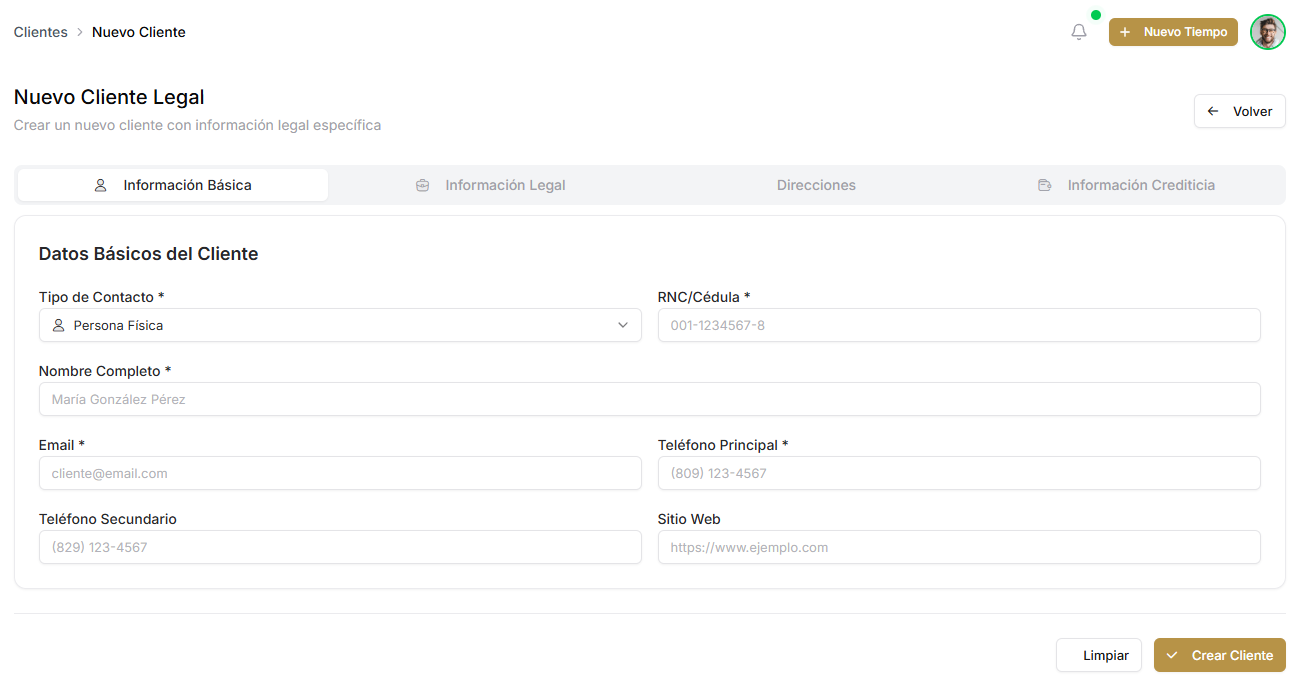 Pantalla de creación de cliente