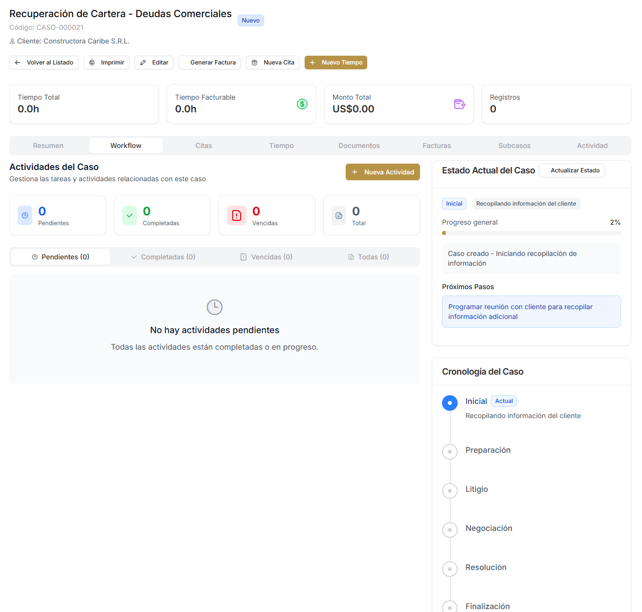 Pantalla de workflow