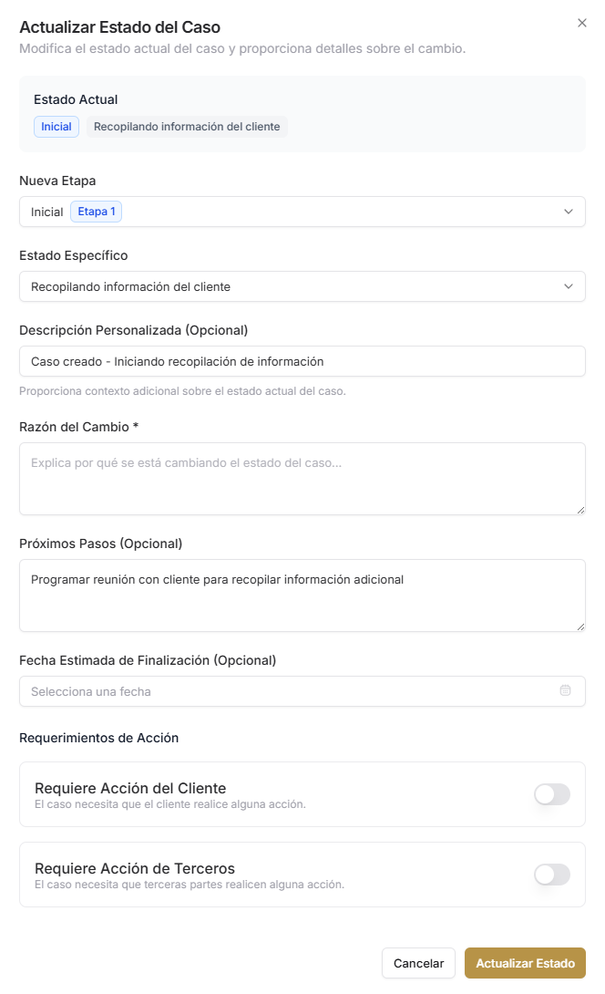Pantalla de actualización de estado
